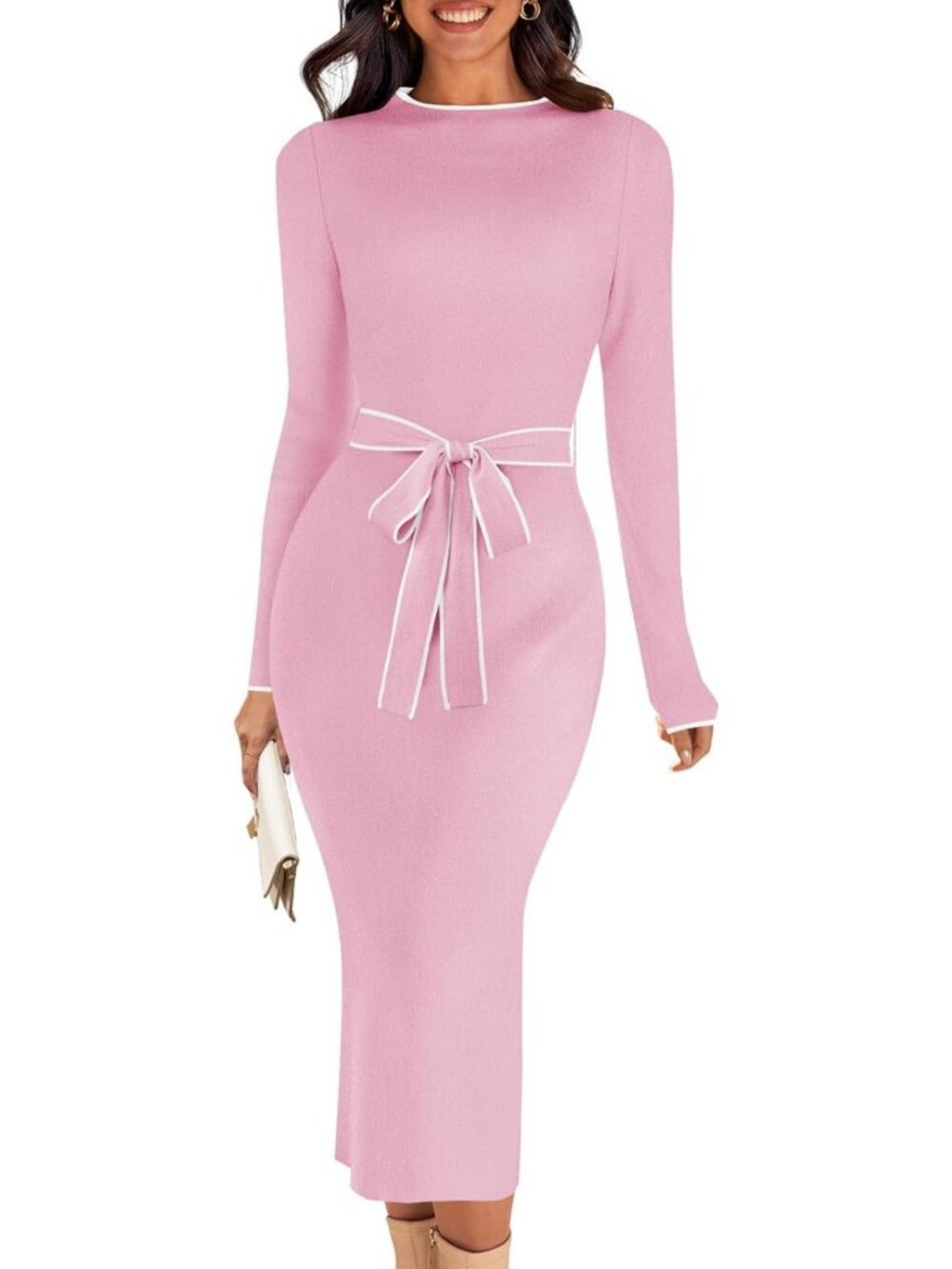 Chic Women's Fall Midi Sweater Dress with Long Sleeves & Tie Waist - Bodycon